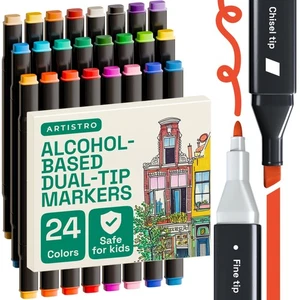 Alcohol Dual Tip Markers Set of 24 with No Bleed Ink, Bonus Case and Vibrant - Picture 1 of 6