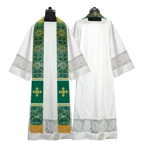 Green Liturgical Stole with Golden Jerusalem Cross and Fringes - Picture 1 of 2