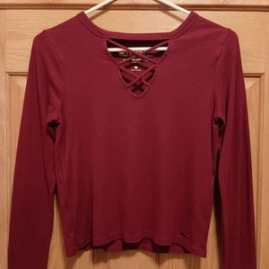 Hollister Top Cropped Stretch Ribbed Criss Cross V-Neck Cranberry Junior Damen M - Bild 1 von 8