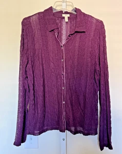J Jill Spitzentop Stretch lila Knopfleiste Samtbesatz Langarm Gr. L transparent - Bild 1 von 7