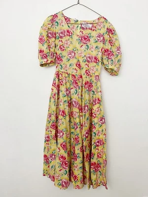Jane Schaffhausen Belle France Dress Women’s Sz 6 Yellow Floral 80s Midi Cotton - Image 1 of 4