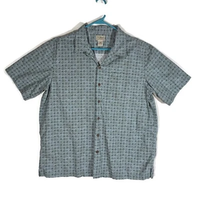 LL Bean Button Up Camp Shirt Men Large Green Geometric Short Sleeve Regular Fit  - Image 1 of 4