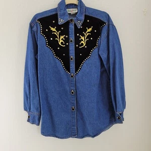 Vtg Western Shirt Womens Blue Denim Black Velvet Bling Green Field Made in USA - Picture 1 of 14