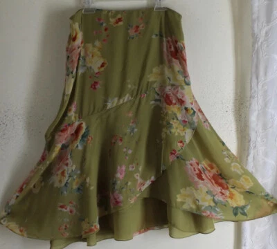 Linda Allard Ellen Tracy -Sz 8P 8 P Pistachio Floral Green Silk Full Skirt Lux - Image 1 of 4