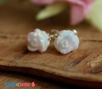 Pendientes florales de plata con poste de oreja de ópalo de laboratorio con flores de rosa para mujeres niñas joyas Foto 1 de 4