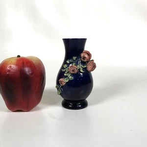 19th C. Majolica Pottery Cobalt Blue Bud Vase with Applied Roses - Picture 1 of 7