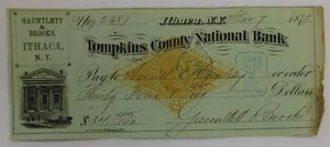 Tompkins County National Bank Cancelled Check 1877 - Picture 1 of 2