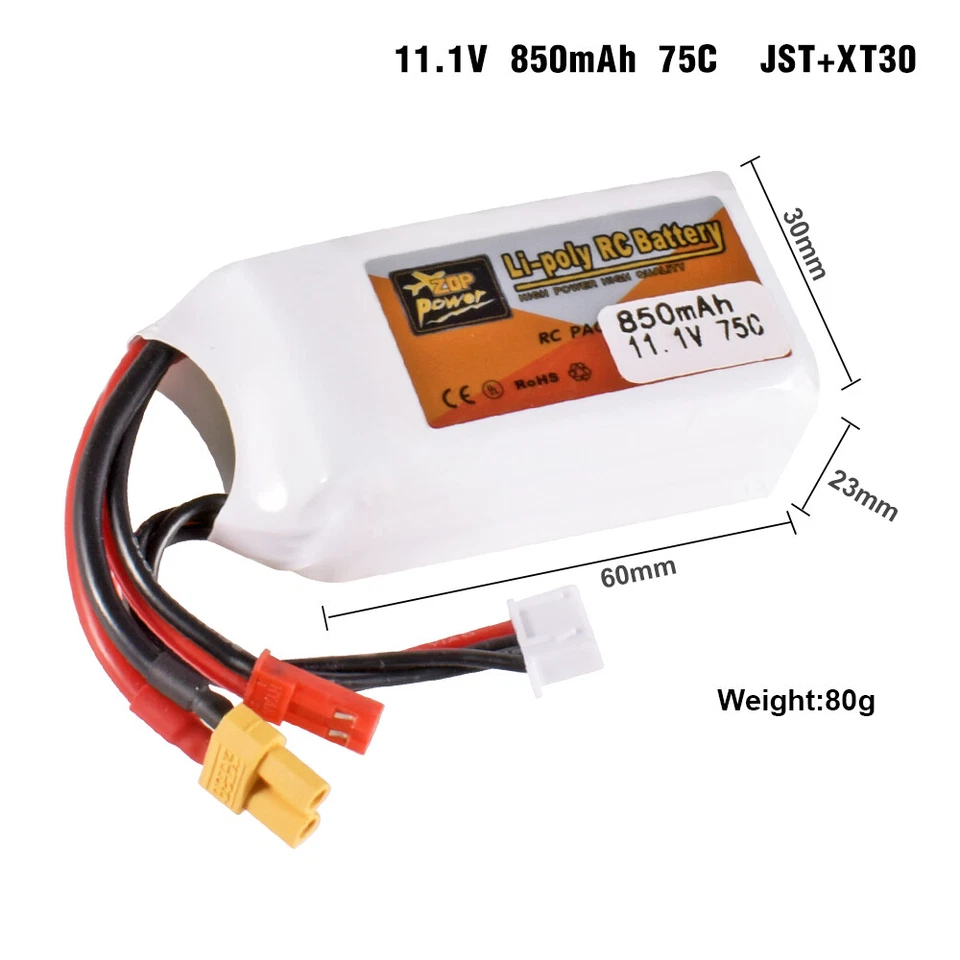 Zop Power 3S Lipo Akkus 11.1V 850mAh 75C XT30 JST für RC Auto Boot Drohne DIY - Bild 1 von 1
