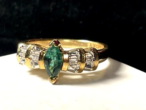 14k MARQUISE EMERALD & DIAMOND RING NATURAL GEMSTONE DESIGNER SIGNED AJ - Picture 1 of 15