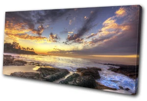 Shore Rocks Island Sonnenuntergang Meereslandschaft EINZELNE LEINWAND WANDBILD Bild Druck - Bild 1 von 1