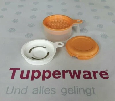 Tupperware * Küchenperle (4) - Eitrenner, Reibe, Becher + Deckel * orange + weiß - Bild 1 von 2