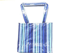 Kids Dark Blue Striped PVC Covered Beach or Swim Bag - 30cm x 25cm approx - Picture 1 of 1
