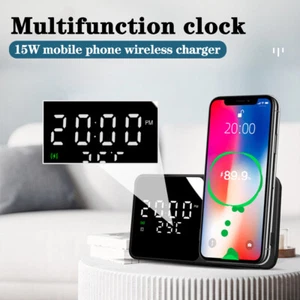 Electric LED Alarm Clock 15W Fast Wireless Charger Charging Station Thermometer - Picture 1 of 24