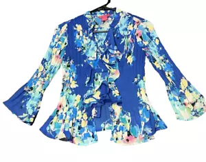 Sunny Leigh Top Damen Größe PP Blau Blumen Crinkle Bluse Rüschen Langarm - Bild 1 von 9