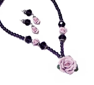 Necklace set Porcelain Rose purple lavender, choose clip on pierced earrings - Picture 1 of 4