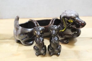 Vintage 5-Piece Brown Dachshund Dog serving bowls snacks/w salt n pepper shakers - Picture 1 of 10