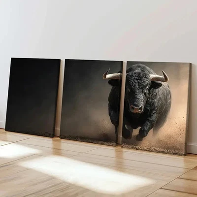 3pcs Black Bull Running Dusty Arena Art Wall Art Canvas Framed 50x70cm - Image 1 of 2