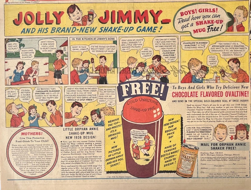 Anúncio de jornal de domingo de 1938 para Ovaltine - oferta "caneca de agitação Orphan Annie" - Imagem 1 de 1