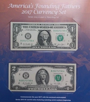 2017 America's Founding Fathers Currency Set 2013 Washington D.C  $1 & $2 Notes - Image 1 of 4