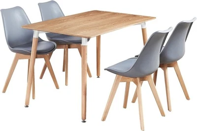 Dining Table Set for 4 Oak Wood with Grey PU Chairs Small Room Ready - Image 1 of 4