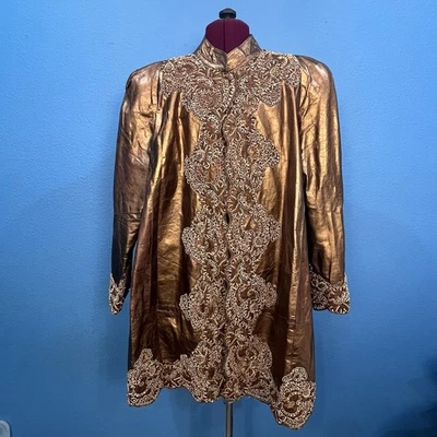 Chaqueta abierta de cuero bronce Collizioni francesa vintage detalles con cuentas talla X fuerte Foto 1 de 4