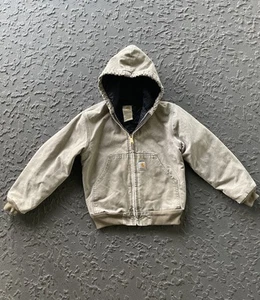 Carhartt Y06DES Faded Tan Hooded Canvas Work Jacket Quilted Lined Distressed Y M - Picture 1 of 6