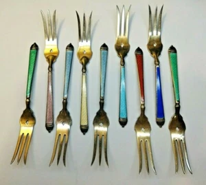England Guilloche Enamel Sterling Silver Fork 9 pieces - Picture 1 of 12