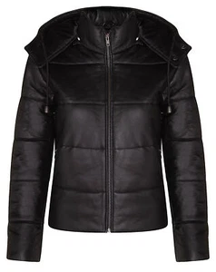 Ladies Puffer Leather Bomber Jacket Black MA-1 Varsity Retro Hooded Warm Jacket - Picture 1 of 4