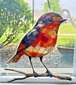 WREN ON A BRANCH - Imitación Vitral Pájaro PVC ACRÍLICO, con cadena, REGALO - Imagen 1 de 2