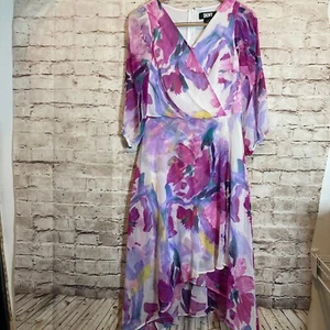 DKNY Dress Womens 10 Chiffon Purple Floral Watercolor Midi Hi Low Flowy Lined - Picture 1 of 14