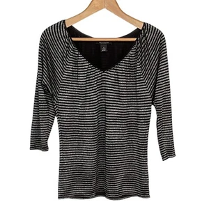 WHBM Top S Small Black & Metallic Silver Striped V-Veck 3/4 Sleeve Pullover - Picture 1 of 10