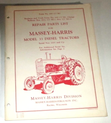 Massey Harris MH 33 Diesel Tractor Parts Catalog Manual Book VERY GOOD OEM! 5-69 - Image 1 of 4