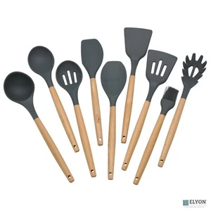 9 Piece Charcoal Colored Silicone Kitchen Utensils Set with Wooden Handles - Picture 1 of 4