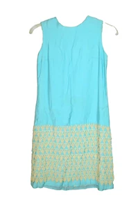 Mid Century Modern Aqua Blue Shift Dress with Lace Trim Vintage Size Medium - Picture 1 of 7