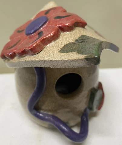 Handcrafted/Painted Pottery Birdhouse w Applied Flower/Lady Bug SIGNED Cover