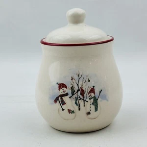 Royal Seasons Snowmen Sugar Bowl & Lid Red Band Stoneware - Picture 1 of 7
