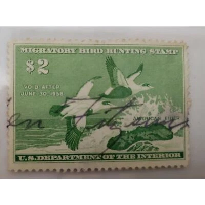 Migratory Bird Hunting Duck Stamp, $2 1957 1958, American Eider, Green, SIGNED - Image 1 of 3