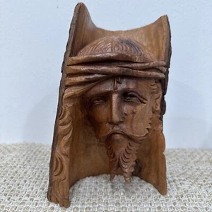 Carved Head of Jesus Christ Messiah Crown of Thorns Tree Log w/Bark Statue 8”H - Picture 1 of 5