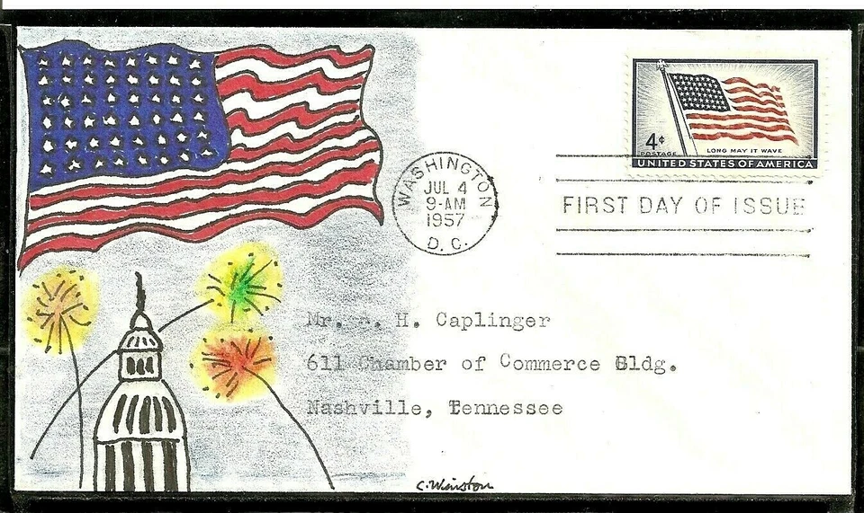 1094 4c Stamp (1957) THE 48 STARS U. S. FLAG FDC HD/HP BY C. WINSTON - RARE - Image 1 of 1