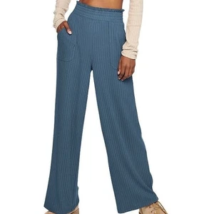 NEW SO Wide Leg Pants MEDIUM Hacci Knit Flowy Relaxed Flare Ribbed Pull On Blue - Picture 1 of 9