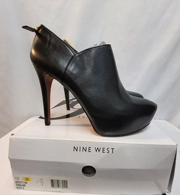 NEW BOX NINE WEST Black Leather BELANIE Stiletto Heel PLATFORM Ankle Boots 12M - Image 1 of 4
