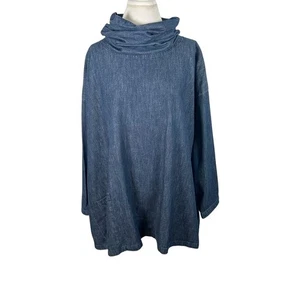 Eskandar Größe (2) DARK DENIM Baumwolle Mönch 30" lang A-Linie Tunika Top mit Tasche - Bild 1 von 11