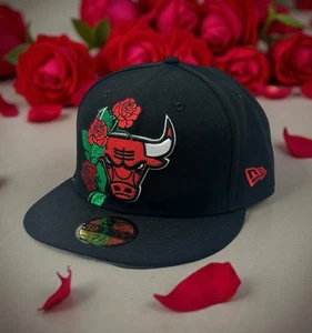 Chicago Bulls Hat Cap Fitted Mens 7 5/8 Black Red NBA Basketball Roses New Era - Picture 1 of 10