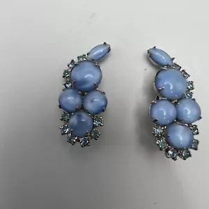 Vintage Clip On Earrings Blue Satin Glass and Rhinestone Silver Tone Dangle Drop - Picture 1 of 8