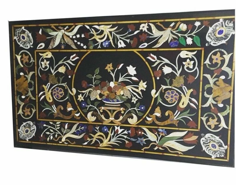48" x 30" black Marble center coffee Table Top marquetry Inlay pietra dura art - Image 1 of 1