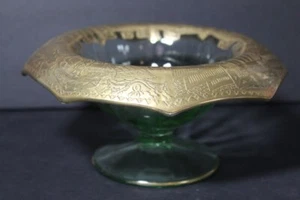 VINTAGE Heisey? Glass Pedestal Candy Dish/ Bowl Green with Gold trim - Picture 1 of 5