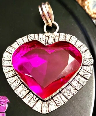 925 Sterling Silver Fushia Hot Pink Simulated Chalcedony Heart Handmade Pendant - Image 1 of 4