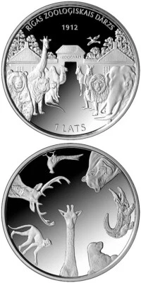 Latvia 2012 silver coin 1 lats RIGA ZOO , animals elephant , giraffe ..  box coa - Image 1 of 2