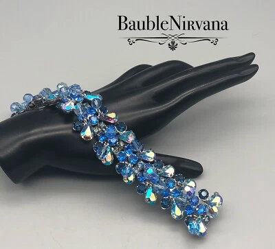 Vintage Kramer Blue Sparkly Aurora Borealis Crystal Beads Wide Bracelet - Image 1 of 4