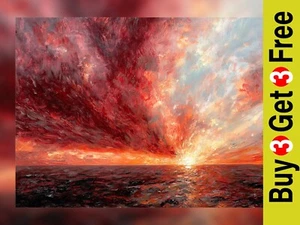 Fiery Sunset Horizon 8"x6" Print on Matte Paper | Vibrant Ocean Oil Painting - Picture 1 of 17